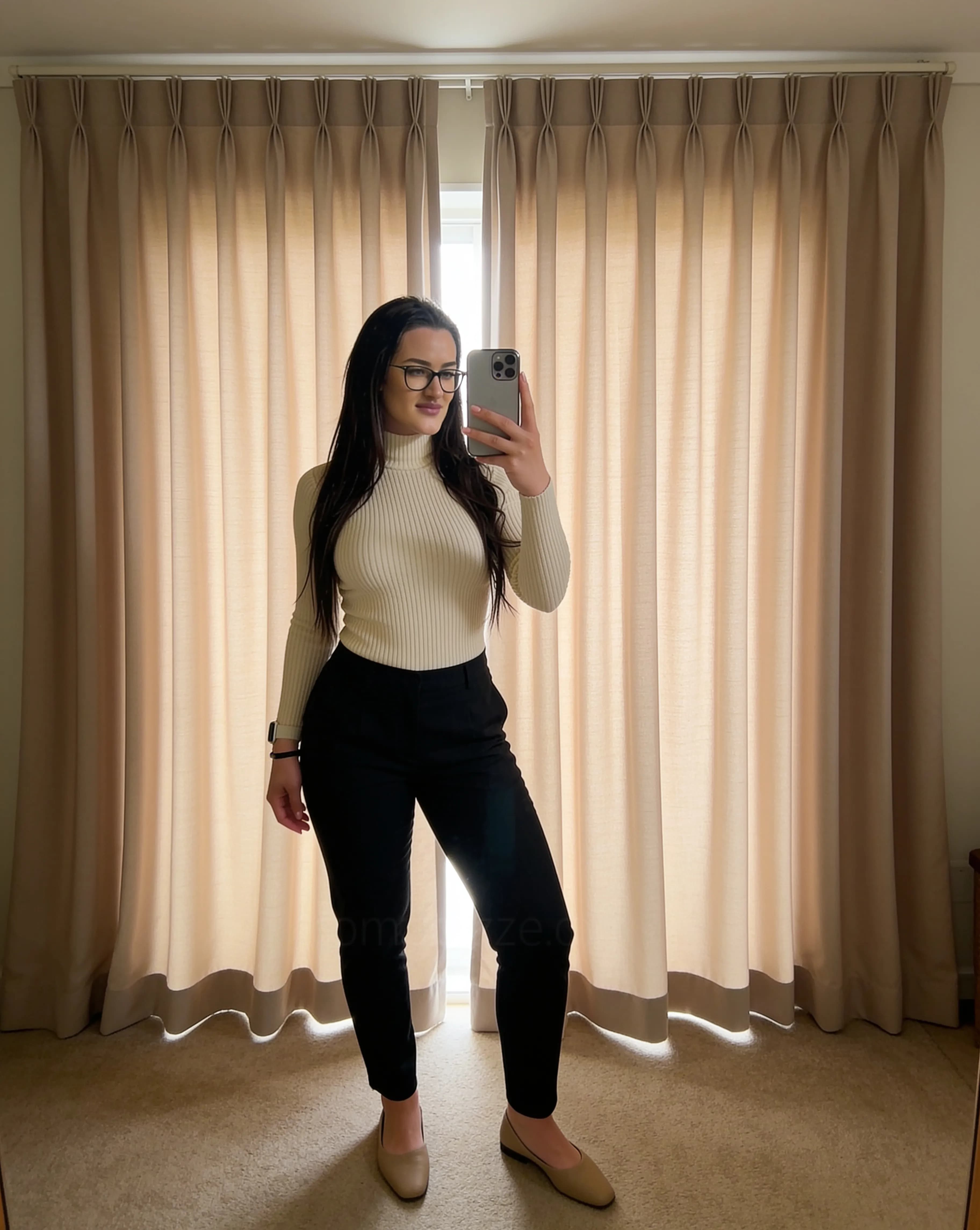Beige curtain background for an indoor portrait