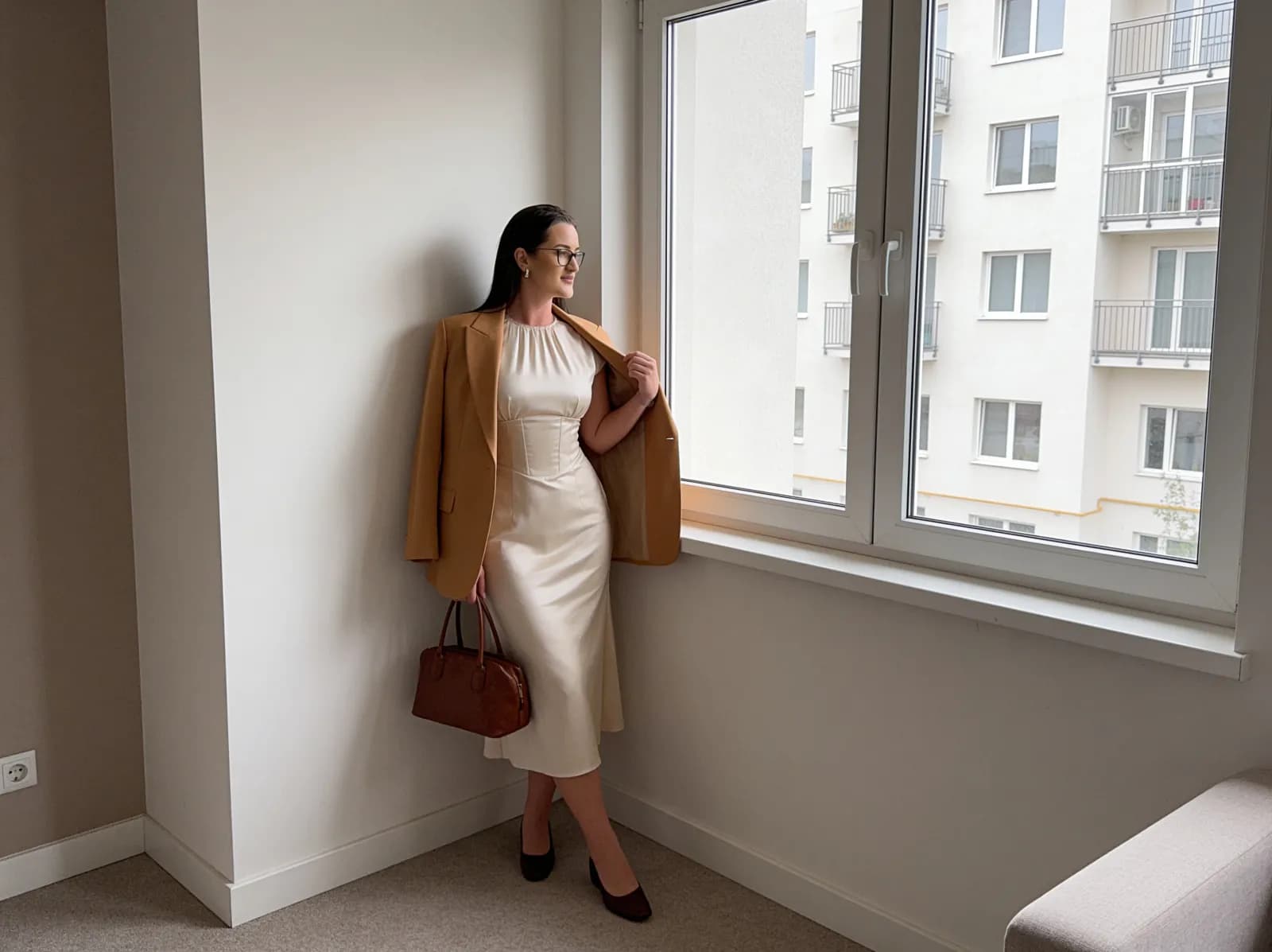 Satin midi dress styled with a beige tailored blazer