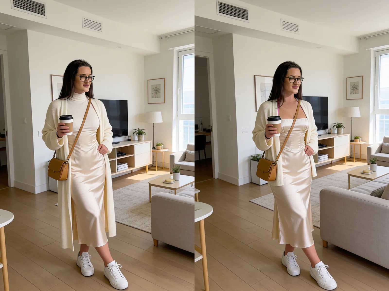 Satin midi dress styled casually with cardigan and sneakers