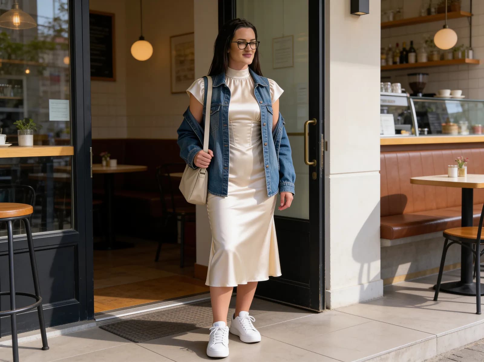 Satin midi dress styled with denim jacket and sneakers
