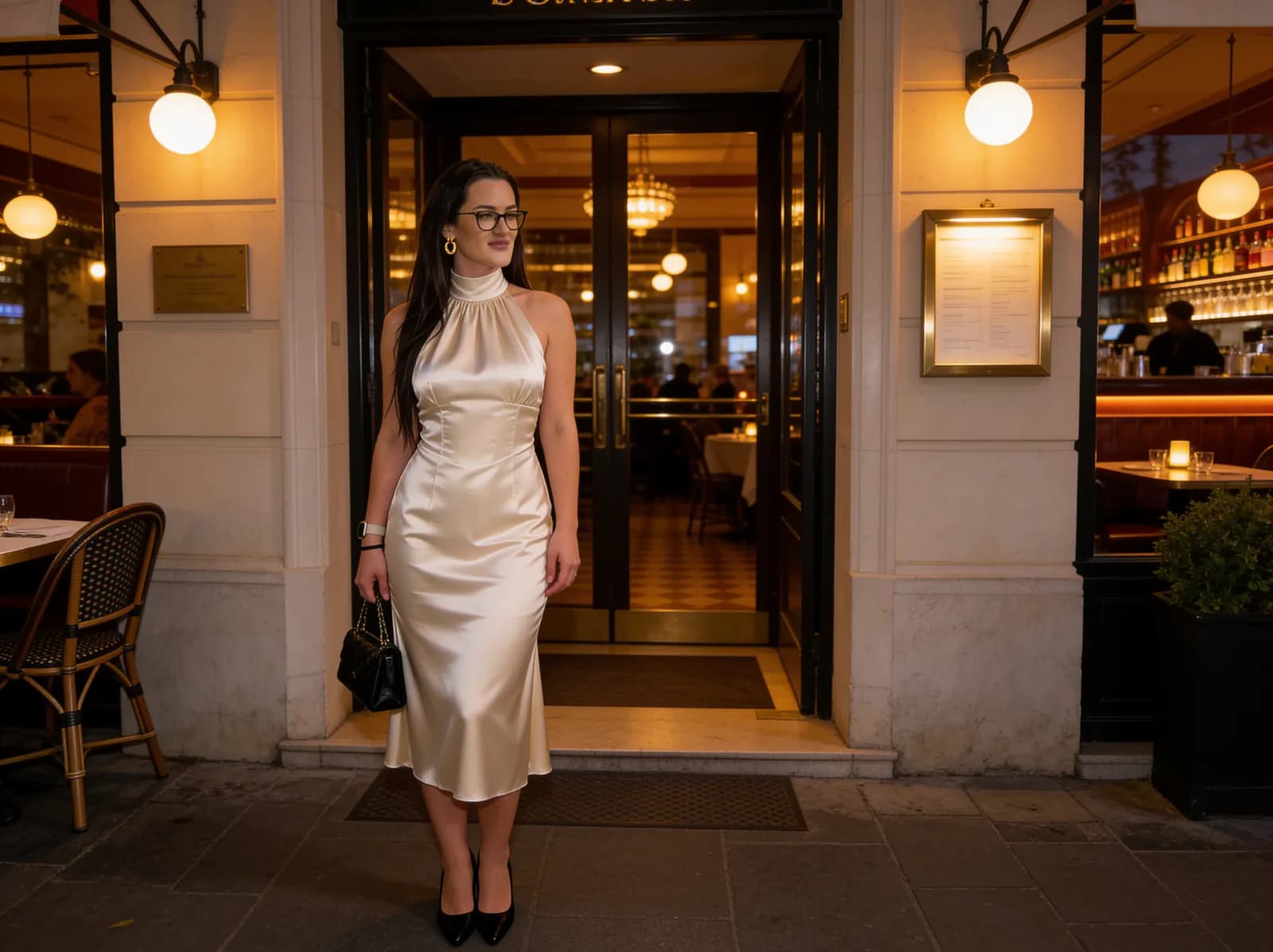 Satin midi dress styled for evening with black accessories