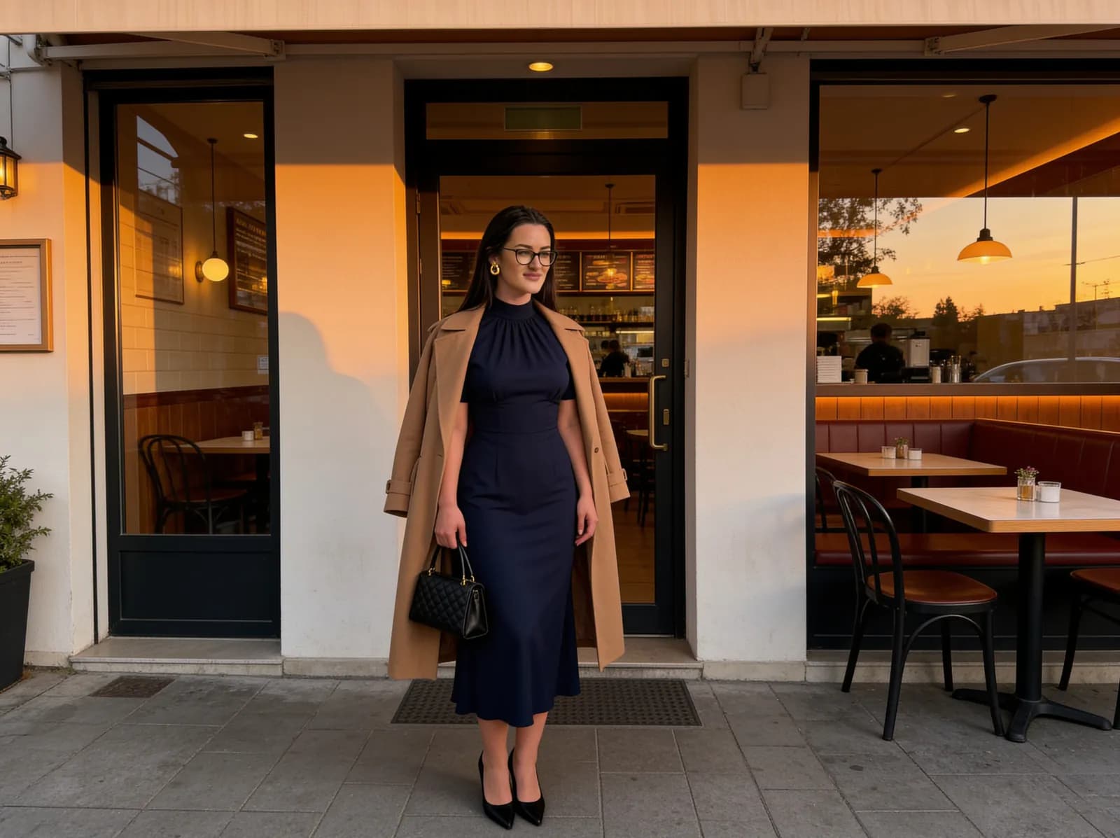 Simple evening capsule wardrobe outfit with navy midi dress