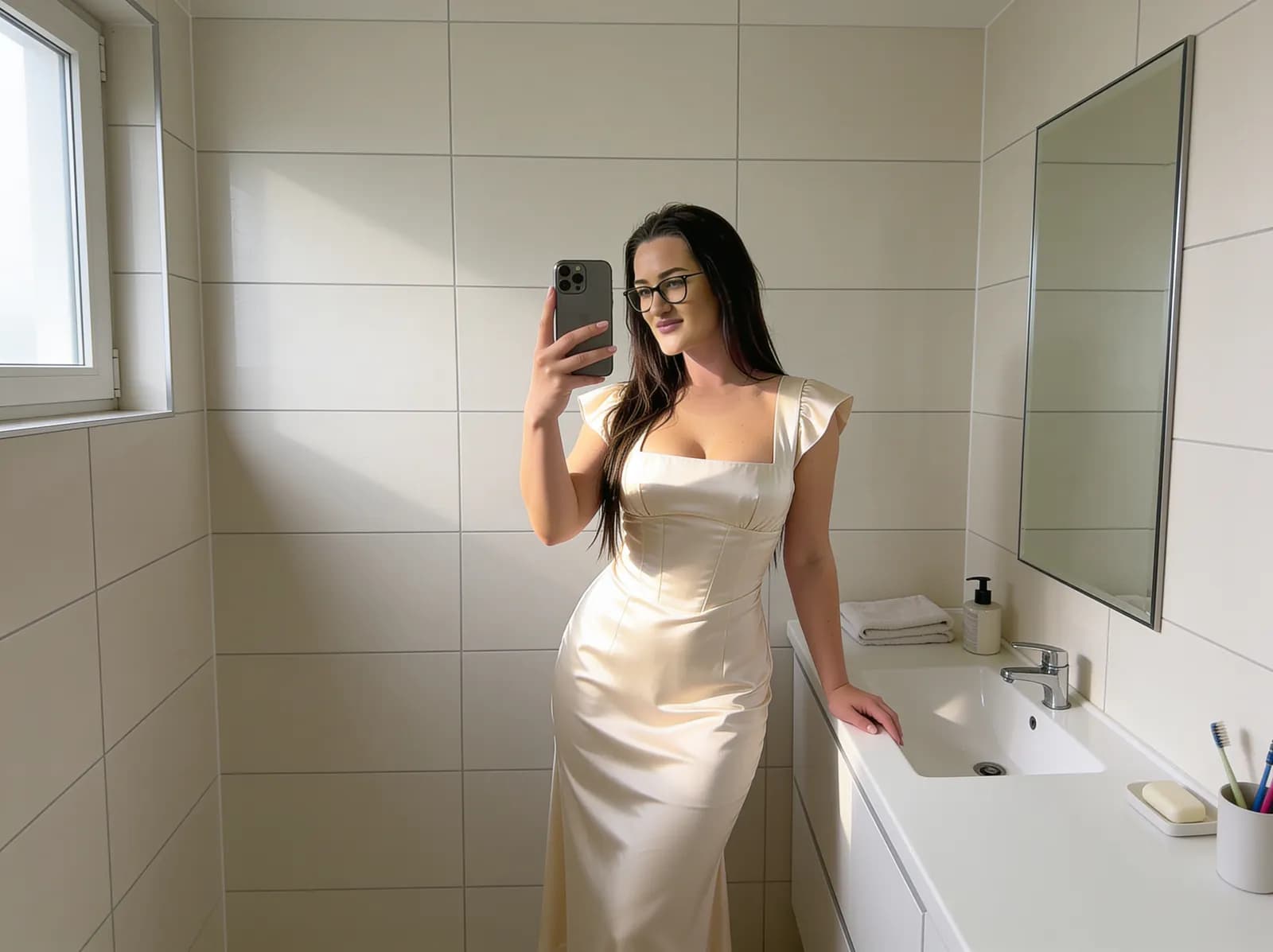 Mirror selfie using even front window lighting
