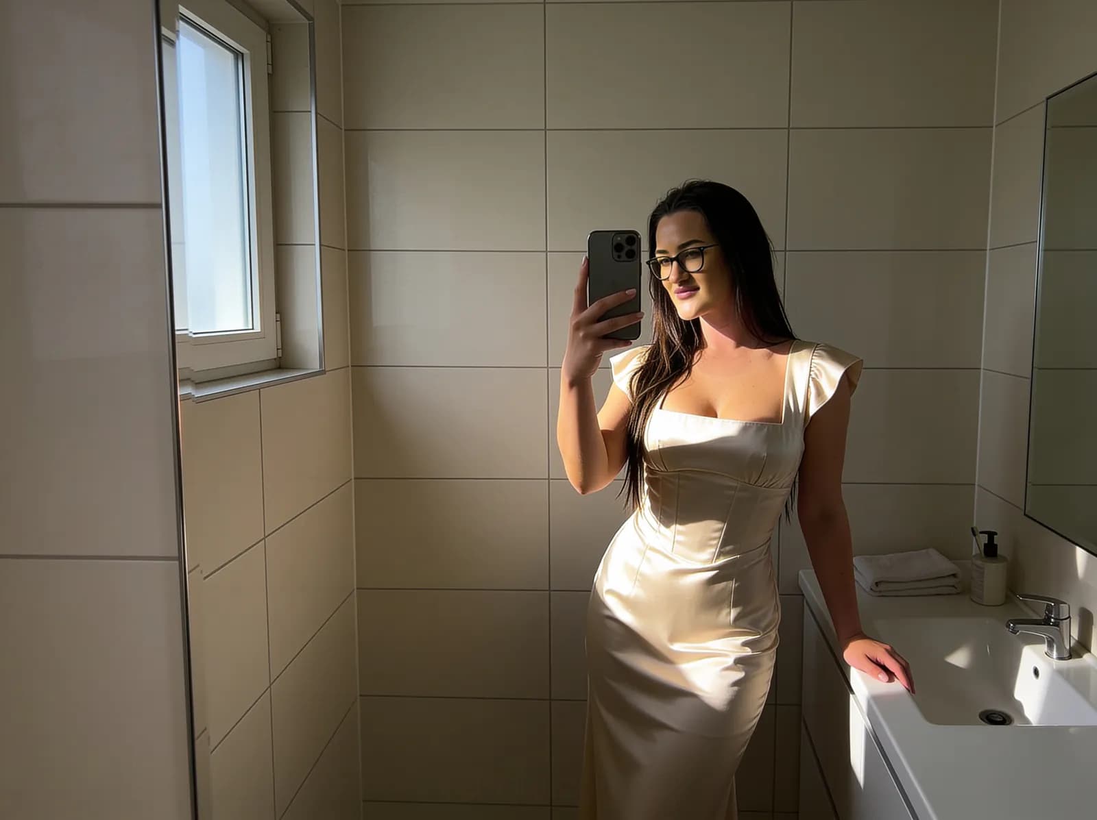 Mirror selfie using strong side window lighting