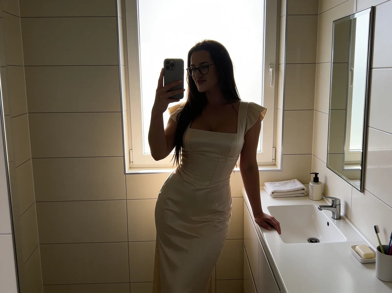 Mirror selfie with a bright window behind the subject