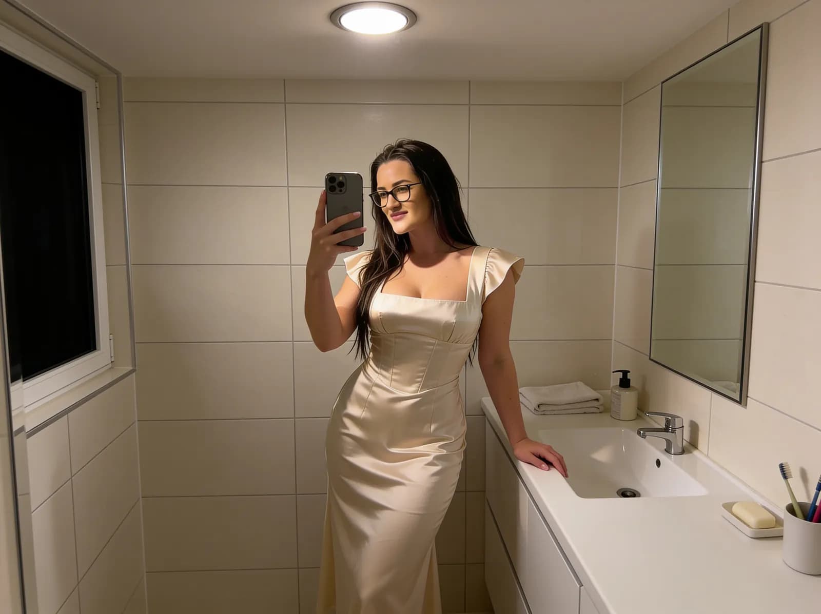 Mirror selfie using only overhead bathroom lighting