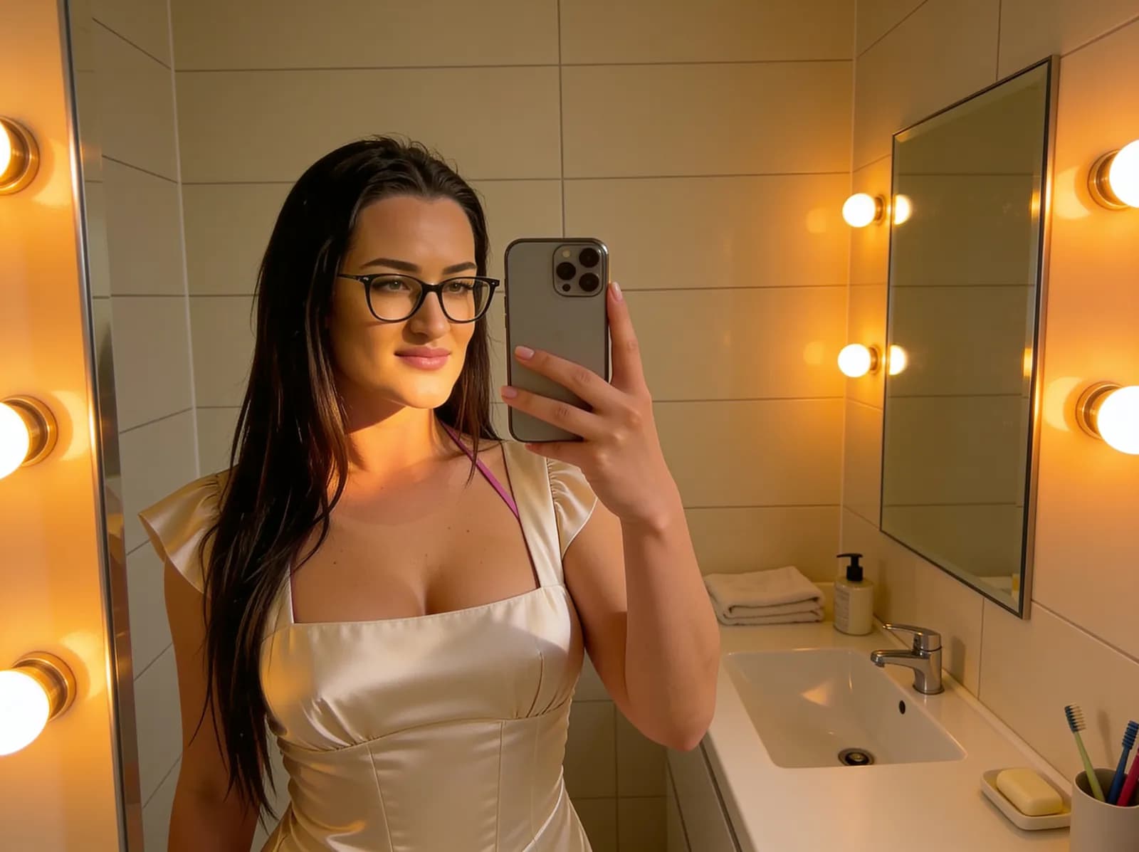 Mirror selfie using warm vanity lighting