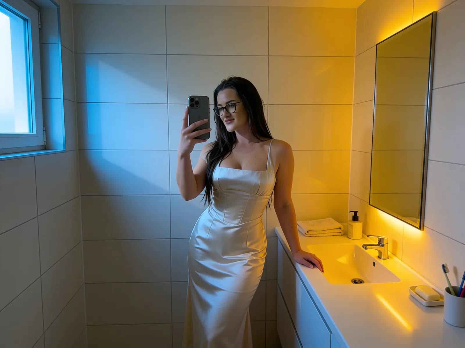 Mirror selfie combining daylight and warm indoor lighting